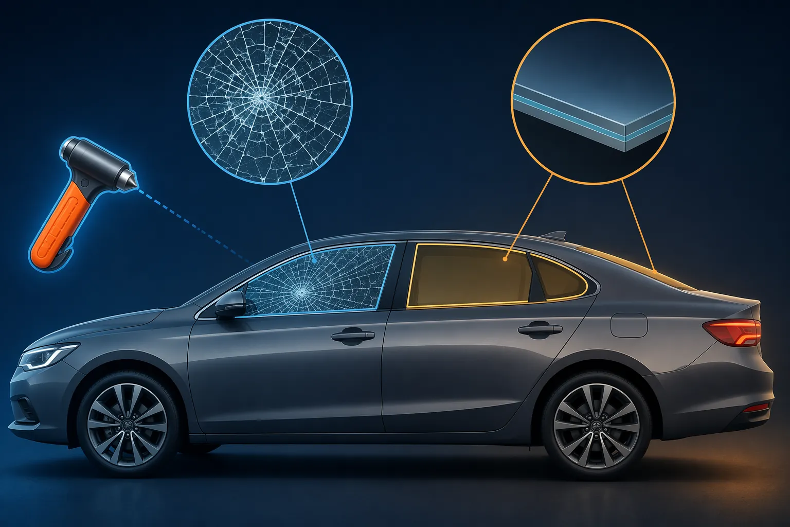 Car window types showing tempered glass that may break with an escape hammer and laminated glass that may not