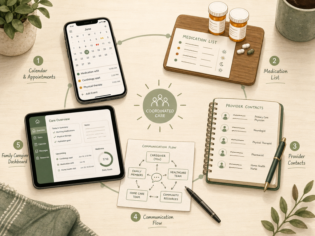 An editorial flat-lay illustration on a warm desk surface showing five coordination tools arranged in a circle: a smartphone with calendar interface, medication bottles with a list, a notebook with provider contacts, a paper communication flow diagram, and a tablet with a caregiver dashboard, conveying an organized coordination system in minimalist warm tones.