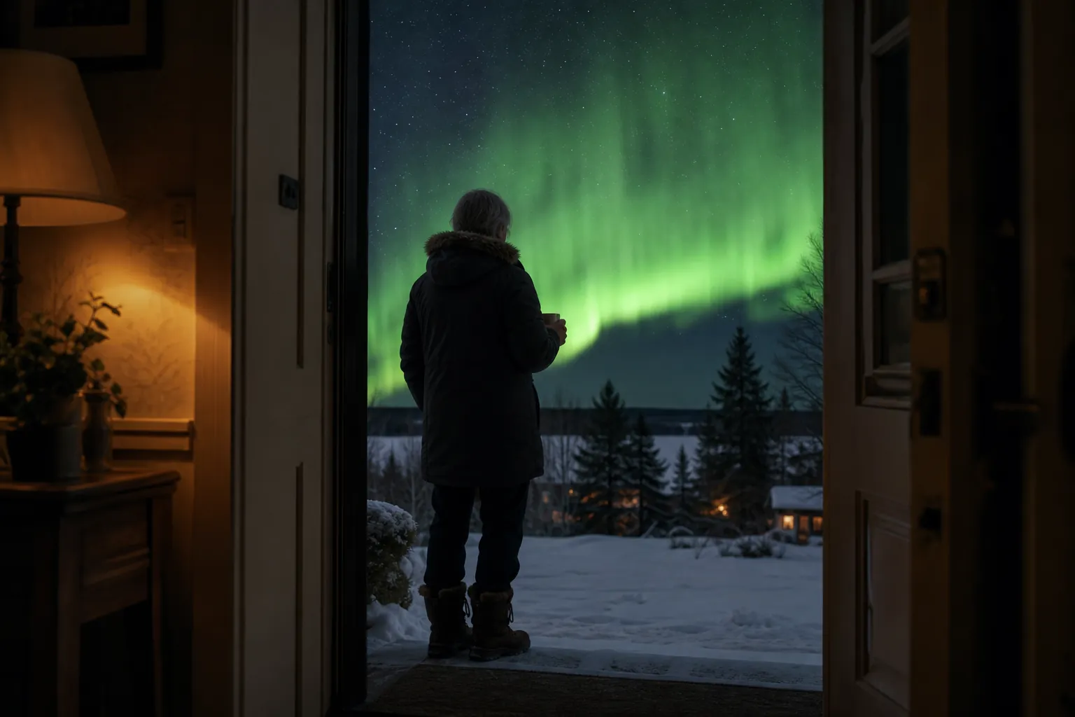 Older adult in winter clothing looking from a warm back doorway toward a green aurora over a snowy yard