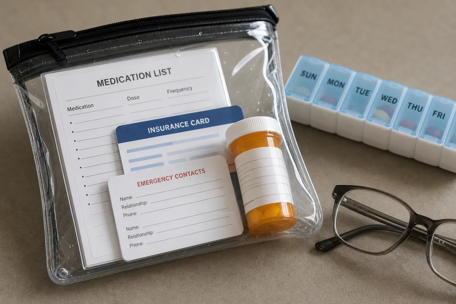 Waterproof pouch with medication list, insurance card, prescription bottle, emergency contact card, pill organizer, and spare eyeglasses