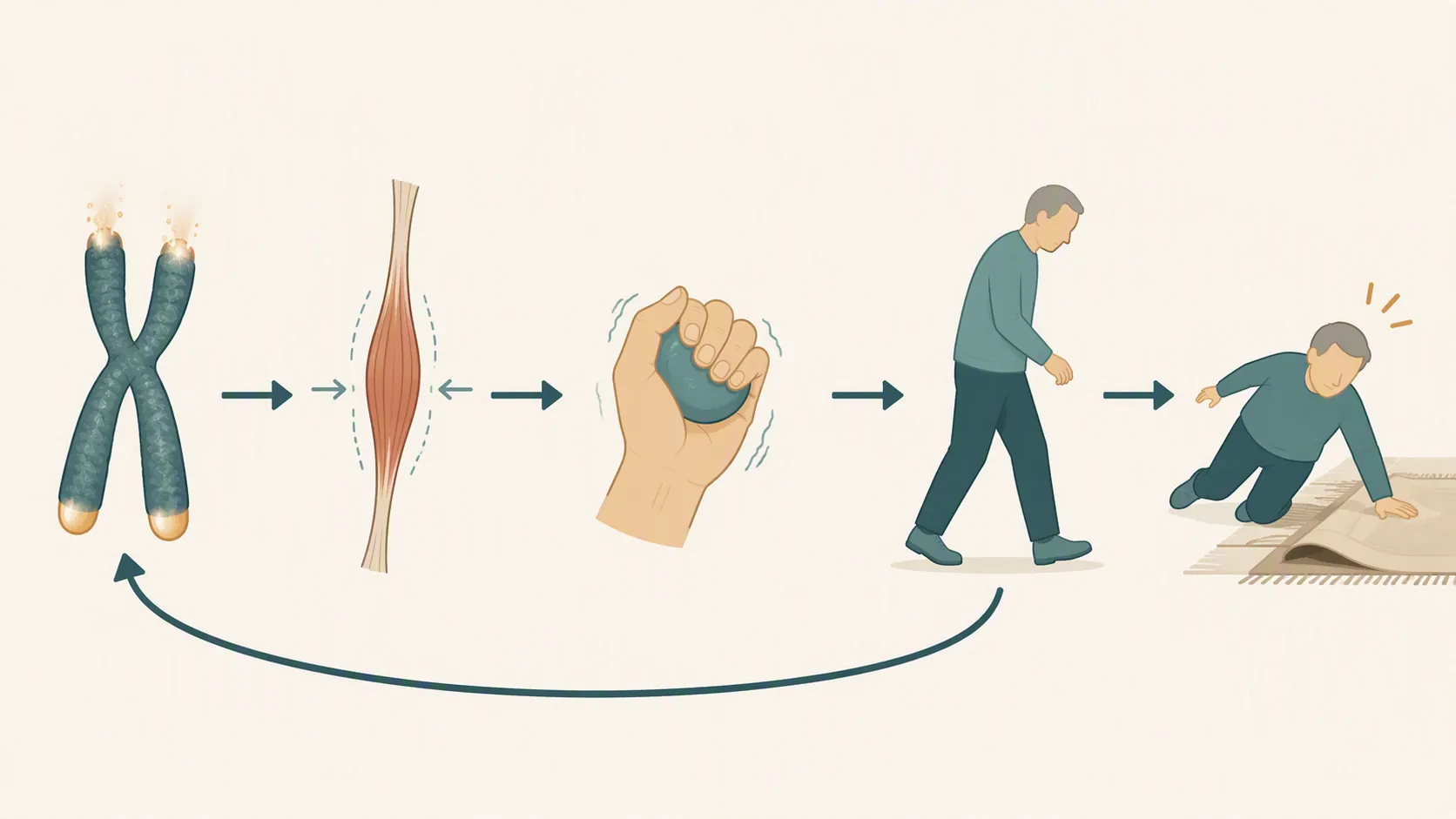 Illustration of a pathway from shortened telomeres to shrinking muscle, weak grip, slower walking, and fall risk