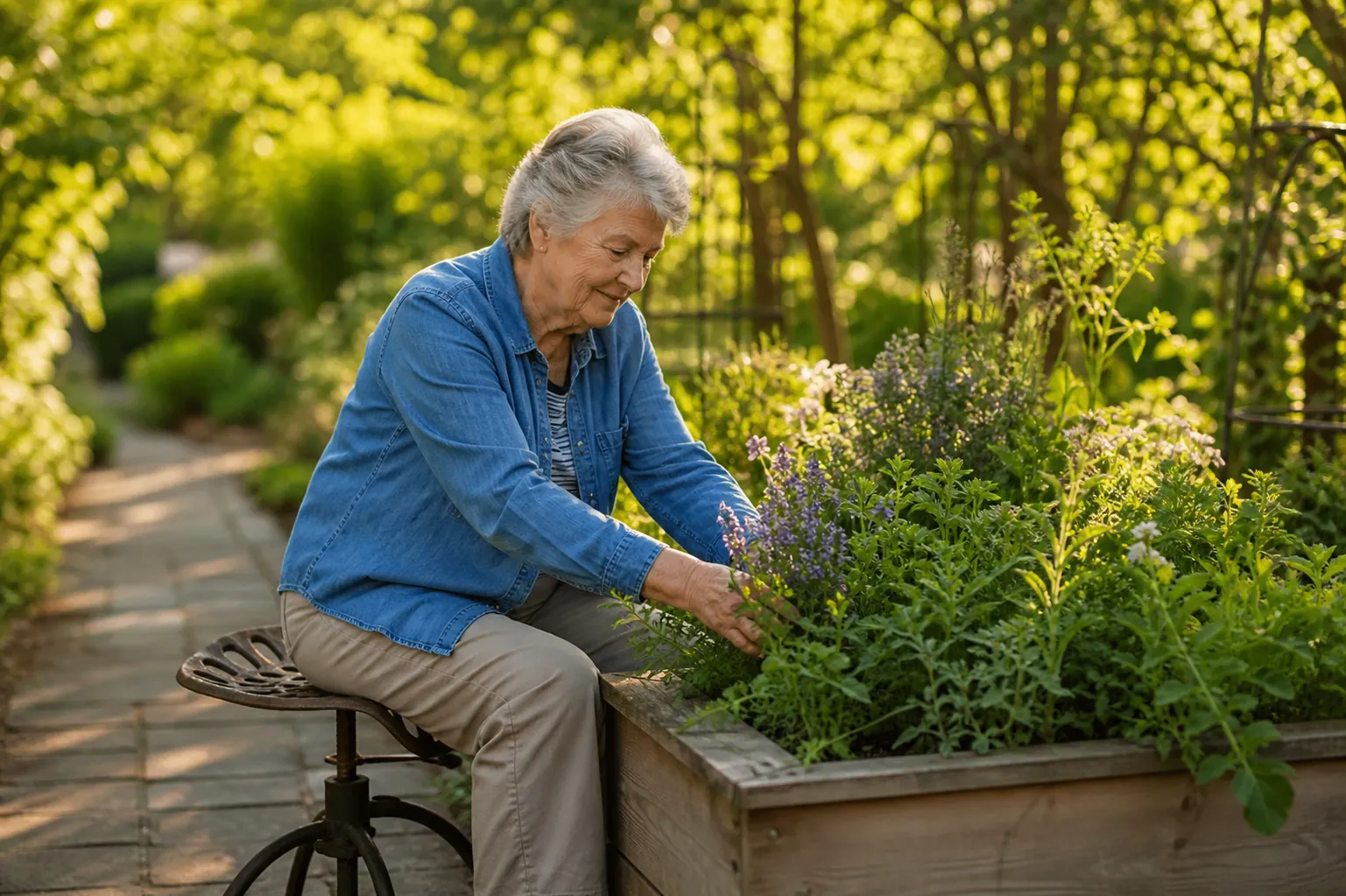Senior gardener seated beside an elevated wooden raised bed tending herbs and flowers near a paved path
