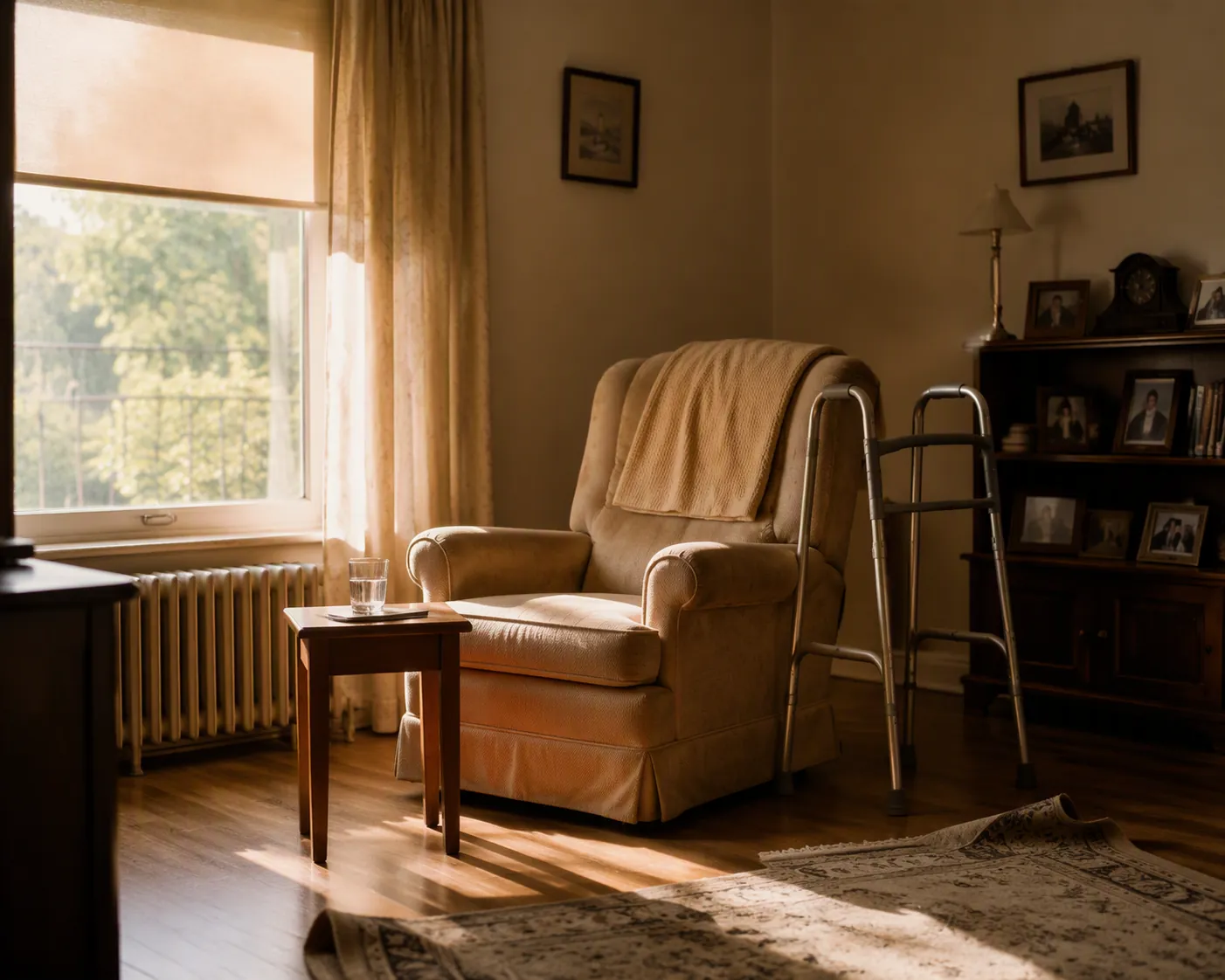 Sunlit living room with an empty armchair, walker, and empty glass during a heatwave