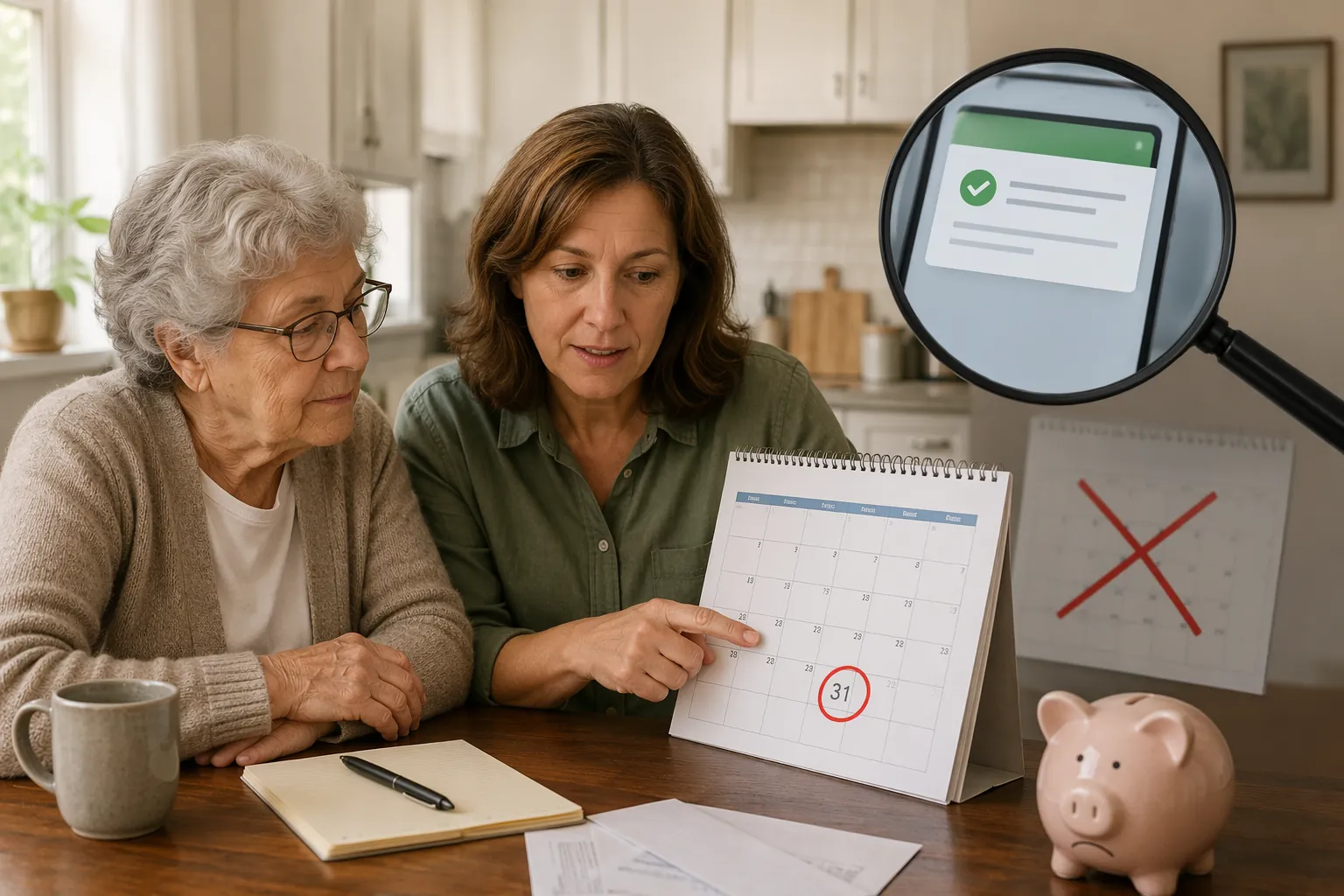 Adult child and elderly parent reviewing a July 31 calendar date and August budget beside a bank deposit notification