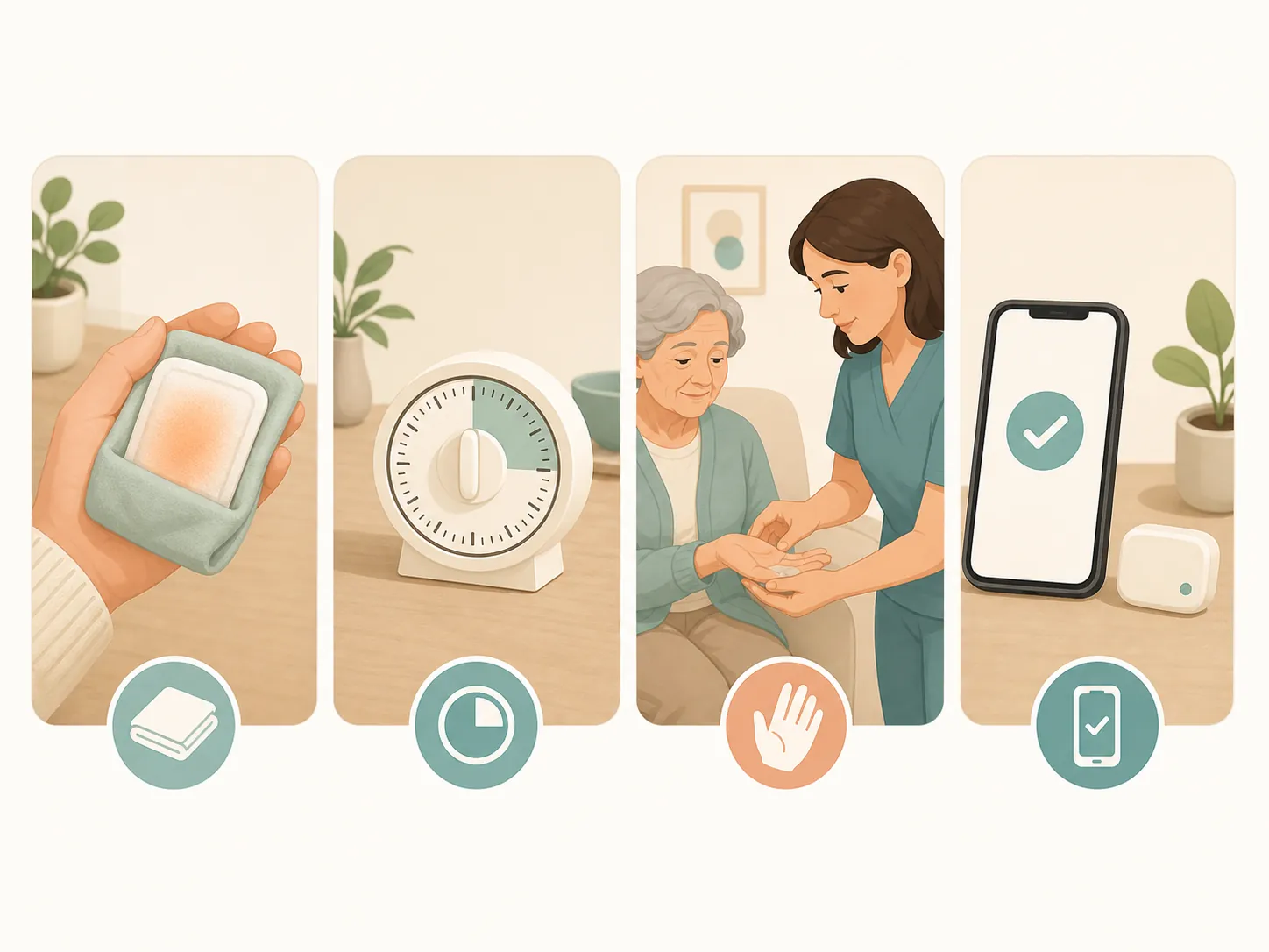 Four-panel illustration of a cloth barrier, timer, skin check, and device check