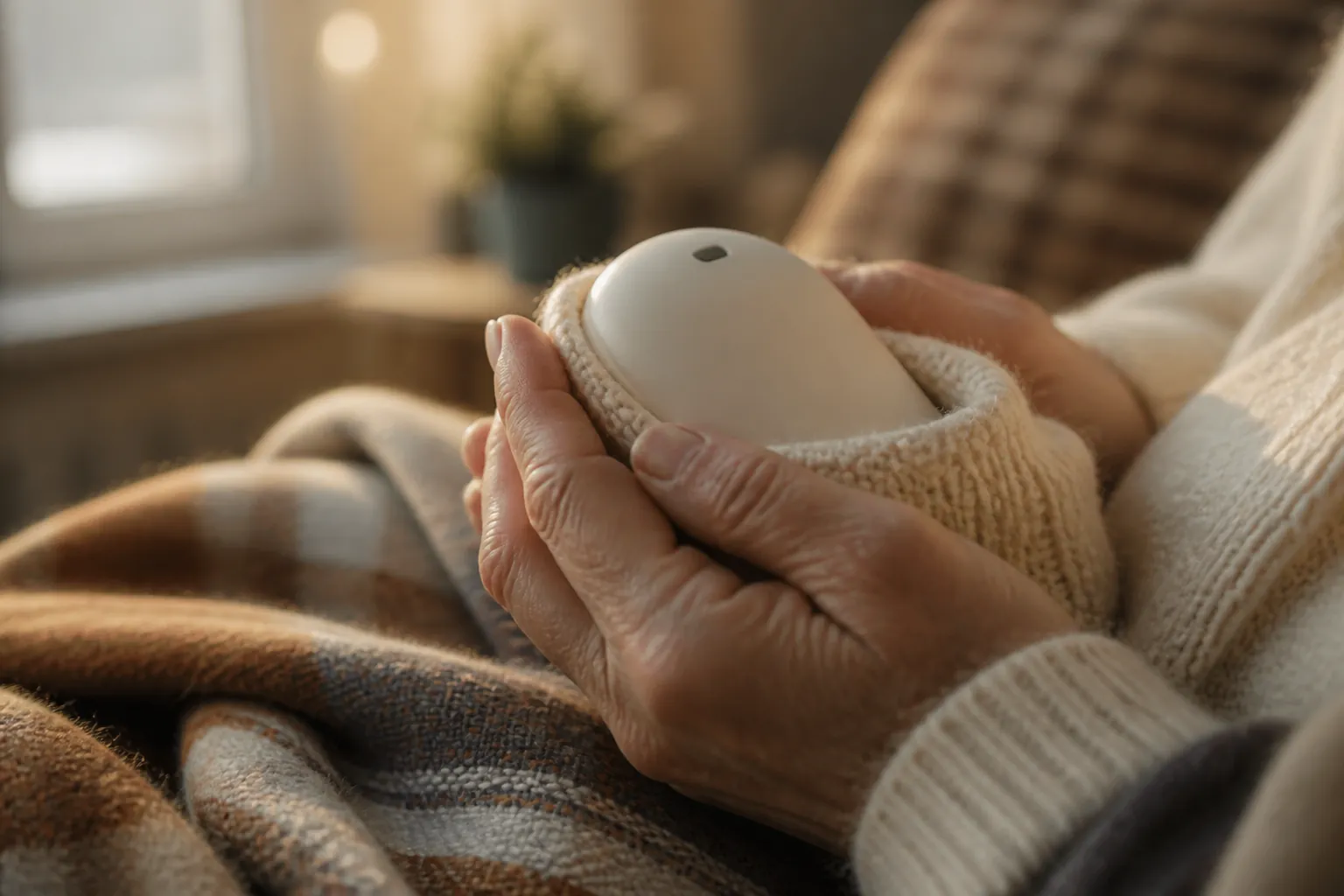 Older adult hands holding a rechargeable hand warmer inside a knitted pouch