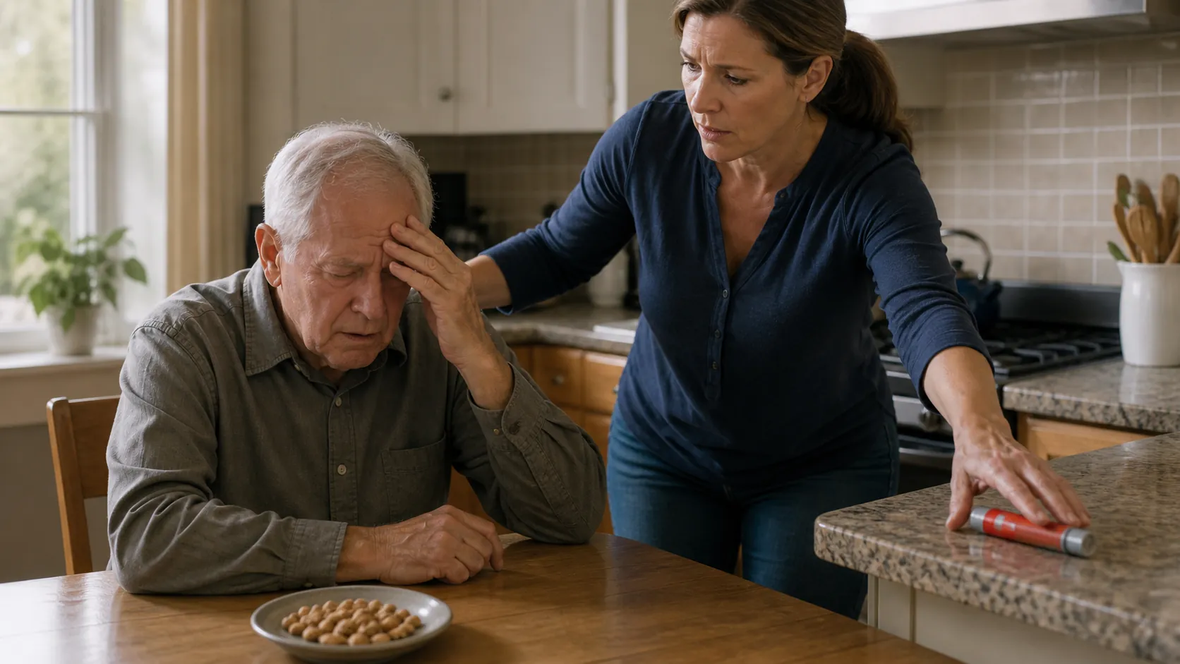 Older man at a kitchen table looking pale and dizzy while his adult daughter reaches for an epinephrine autoinjector