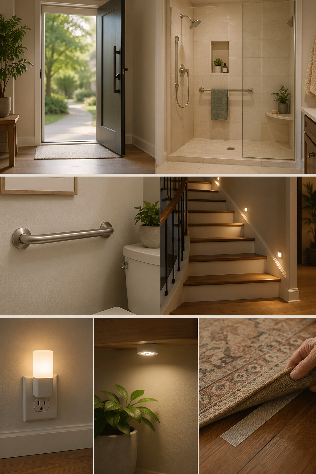 Three-tier home safety progression showing small safety items, grab bars and stair lighting, and larger accessibility changes