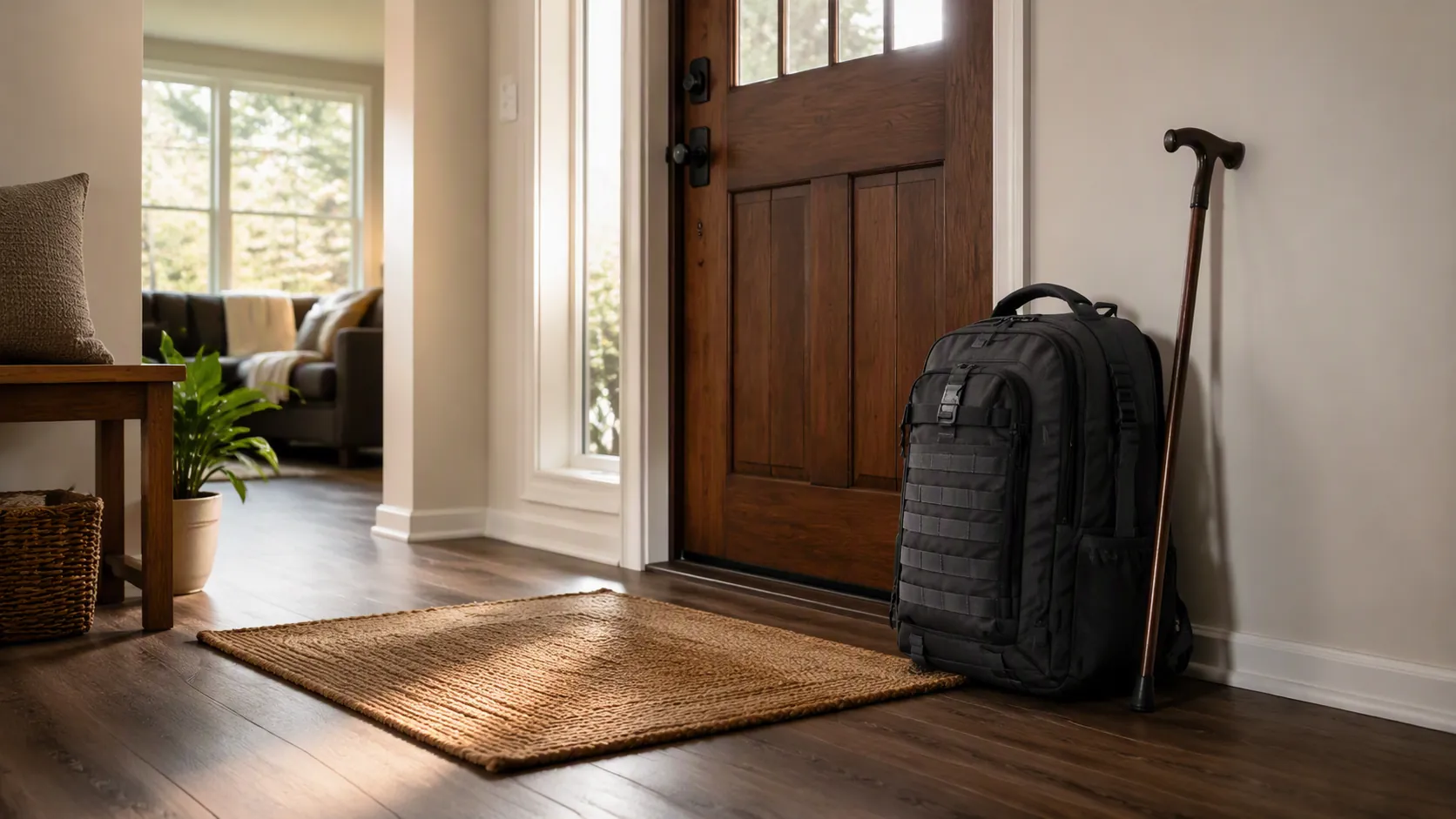 Packed emergency go-bag staged beside a clear front-door exit with a walking cane nearby