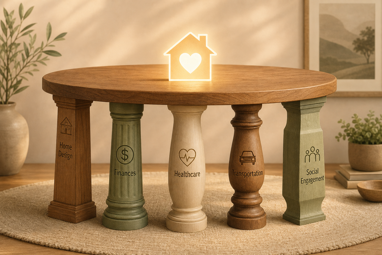 Editorial illustration of a wooden table with five legs labeled Home Design, Finances, Healthcare, Transportation, and Social Engagement, with a glowing house icon on the tabletop.