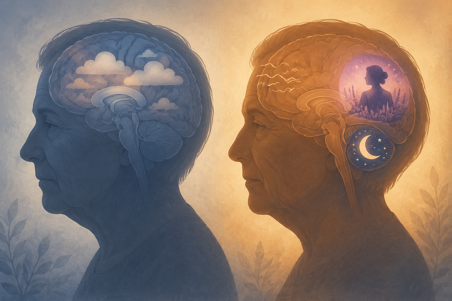 Illustrated comparison of Alzheimer’s-related memory changes and Lewy body dementia features involving vision, sleep, and movement