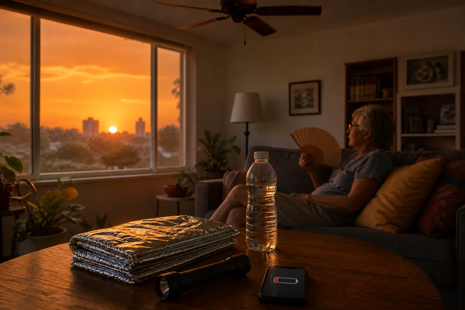 A calm living room during a heat wave with a flashlight, water, emergency blanket, and low-battery phone on a table while an older adult rests on a sofa