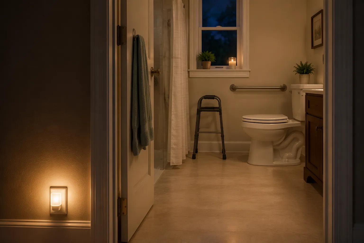 Prepared nighttime bathroom with night-light, clear floor, grab bar, and walker nearby