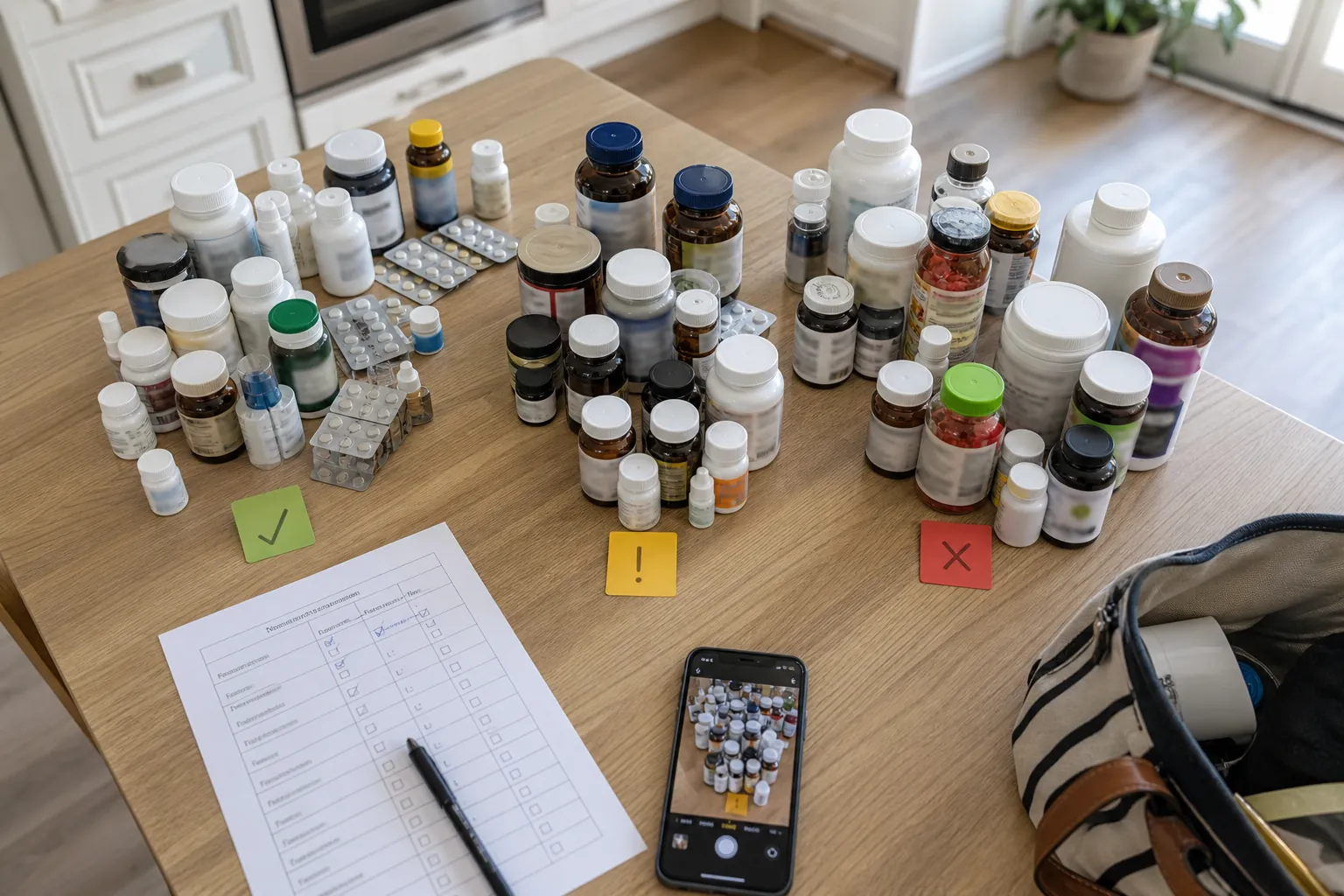 Kitchen table medicine cabinet audit with supplements and medications sorted into tagged piles beside a checklist and phone camera
