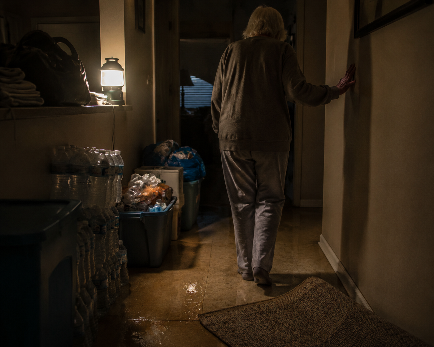 Dim hallway during a power outage with emergency supplies partly blocking the path and a curled rug edge on the floor