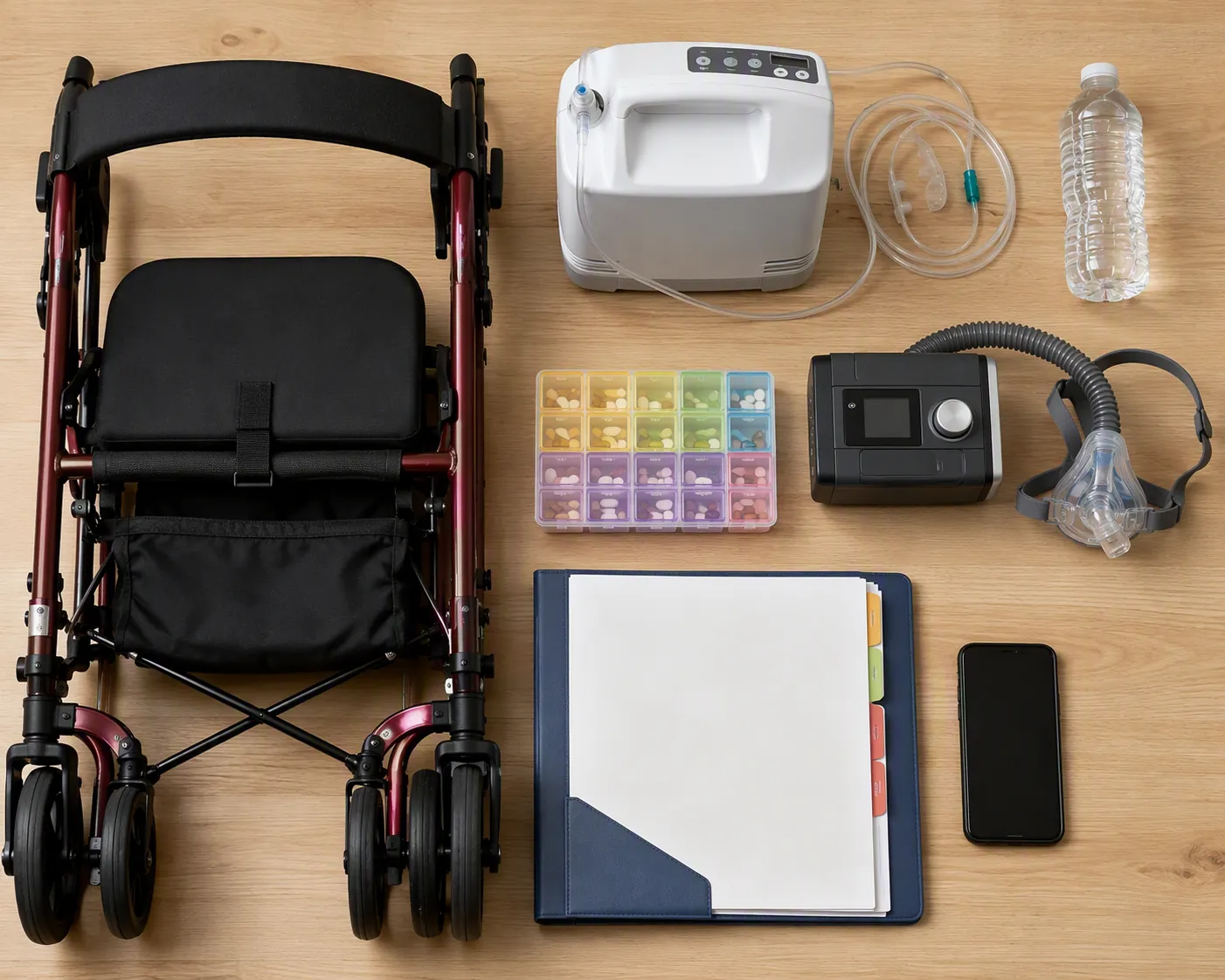 Evacuation essentials for an older adult including a rollator, oxygen concentrator, CPAP machine, medications, documents, water, and phone
