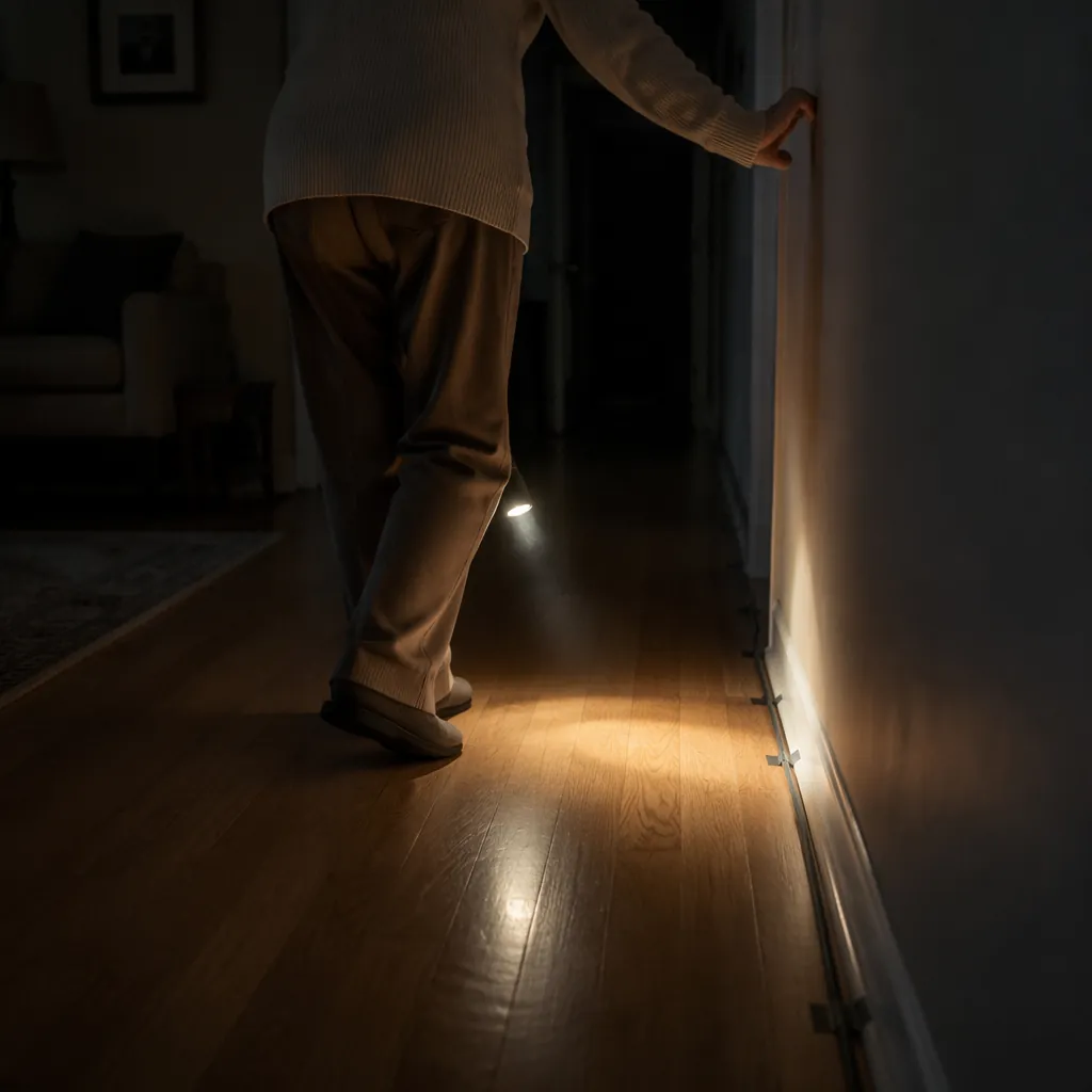 Older adult navigating a dim hallway with a flashlight held low, one hand on the wall, and a cord taped along the baseboard