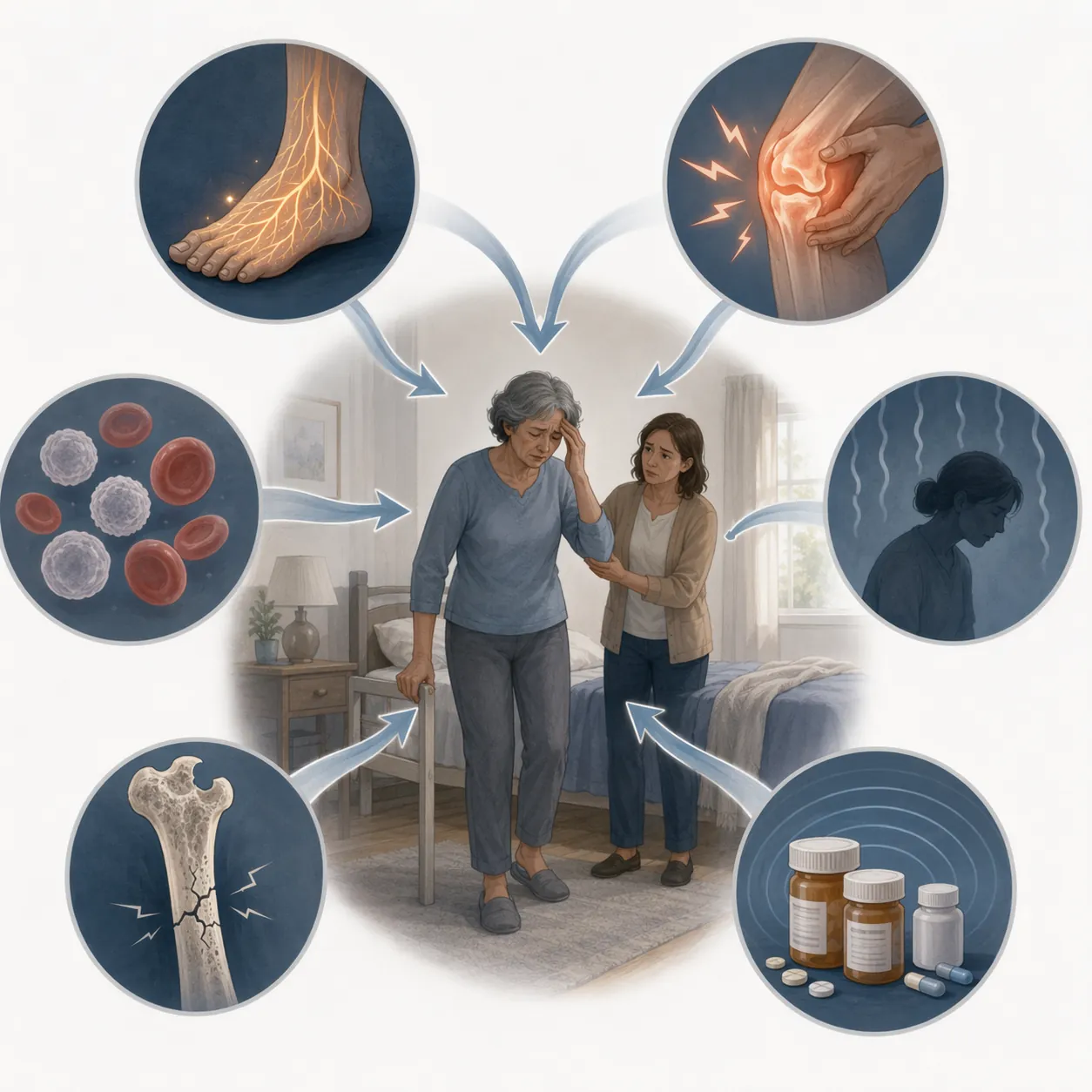 Illustration of six cancer-specific fall risks including neuropathy, pain, fatigue, anemia, bone metastases, and medication effects