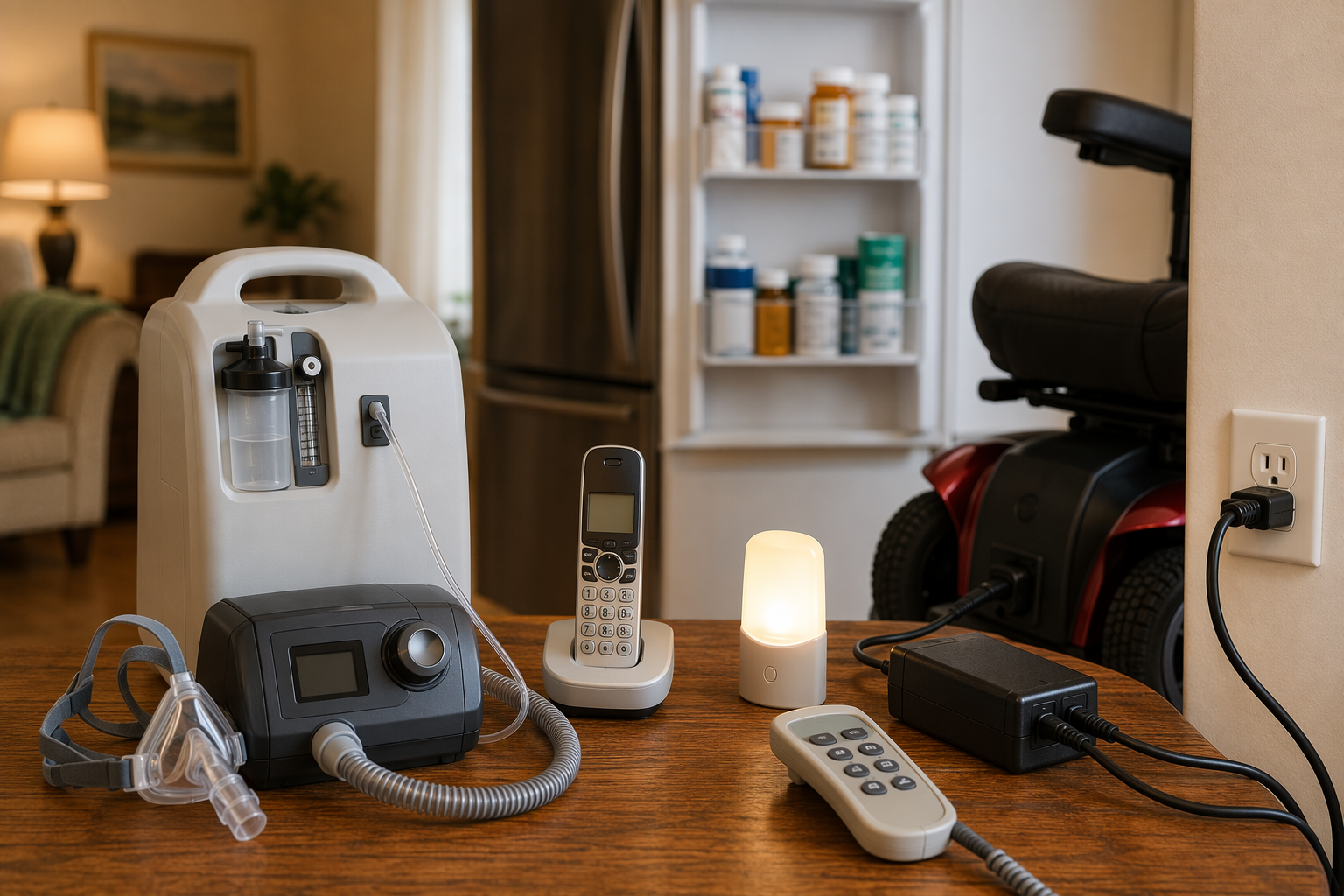 A kitchen counter with older-adult electrical items including oxygen tubing, medication storage, a cordless phone base, a mobility scooter cable, and a nightlight.