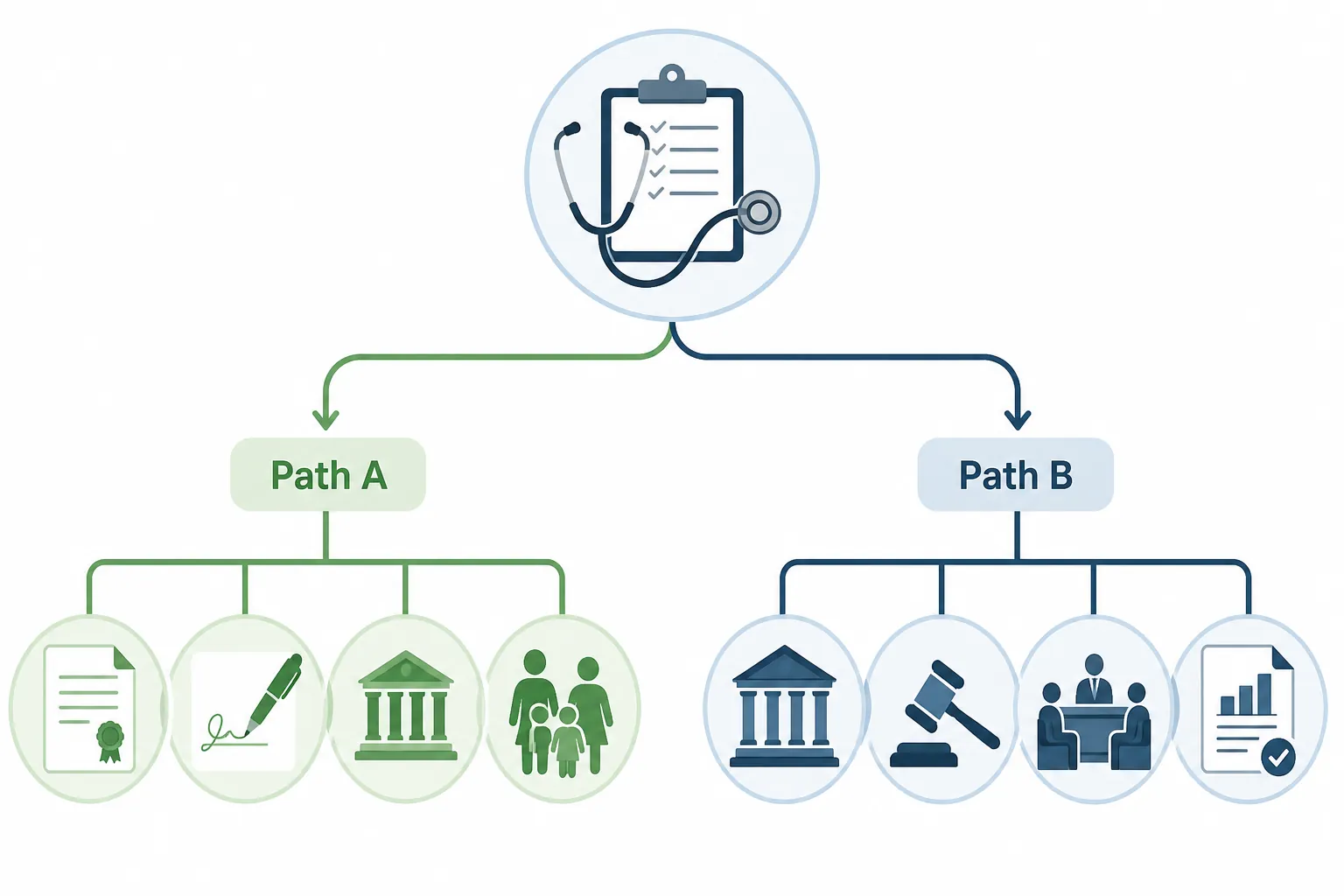 Workflow showing a medical capacity evaluation that forks into document activation or court guardianship