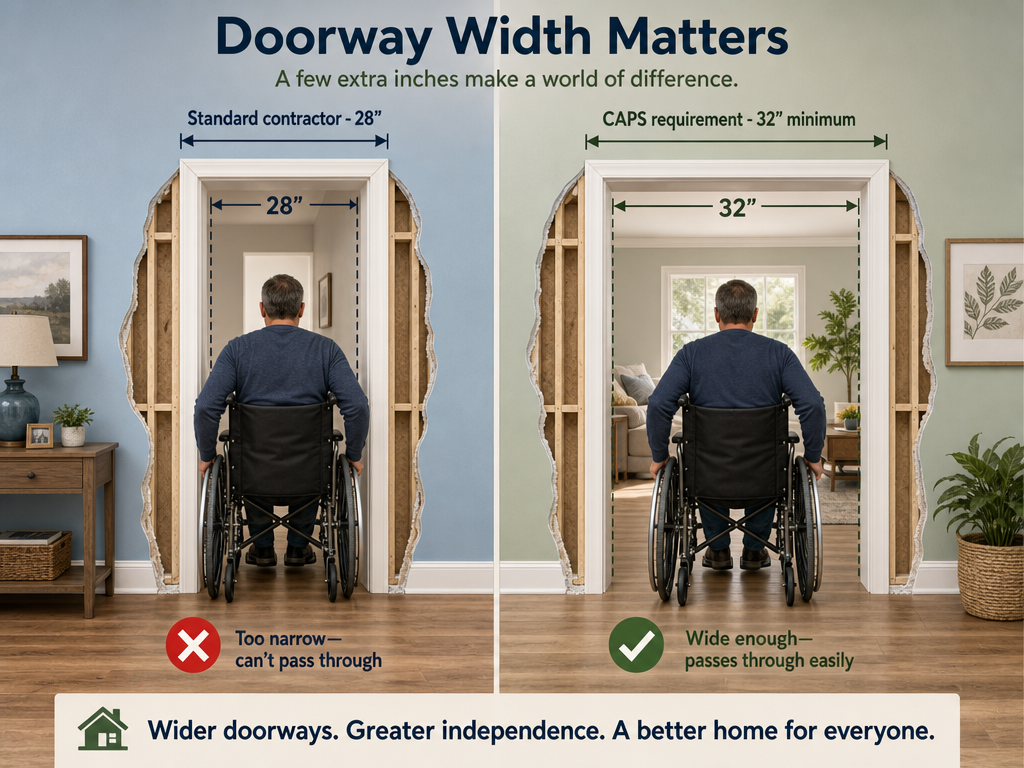 Split-comparison illustration of home doorways: on the left, a standard 28-inch doorway with a person in a wheelchair unable to pass through and a red X marker; on the right, a 32-inch doorway with a person in a wheelchair passing through easily and a green checkmark.