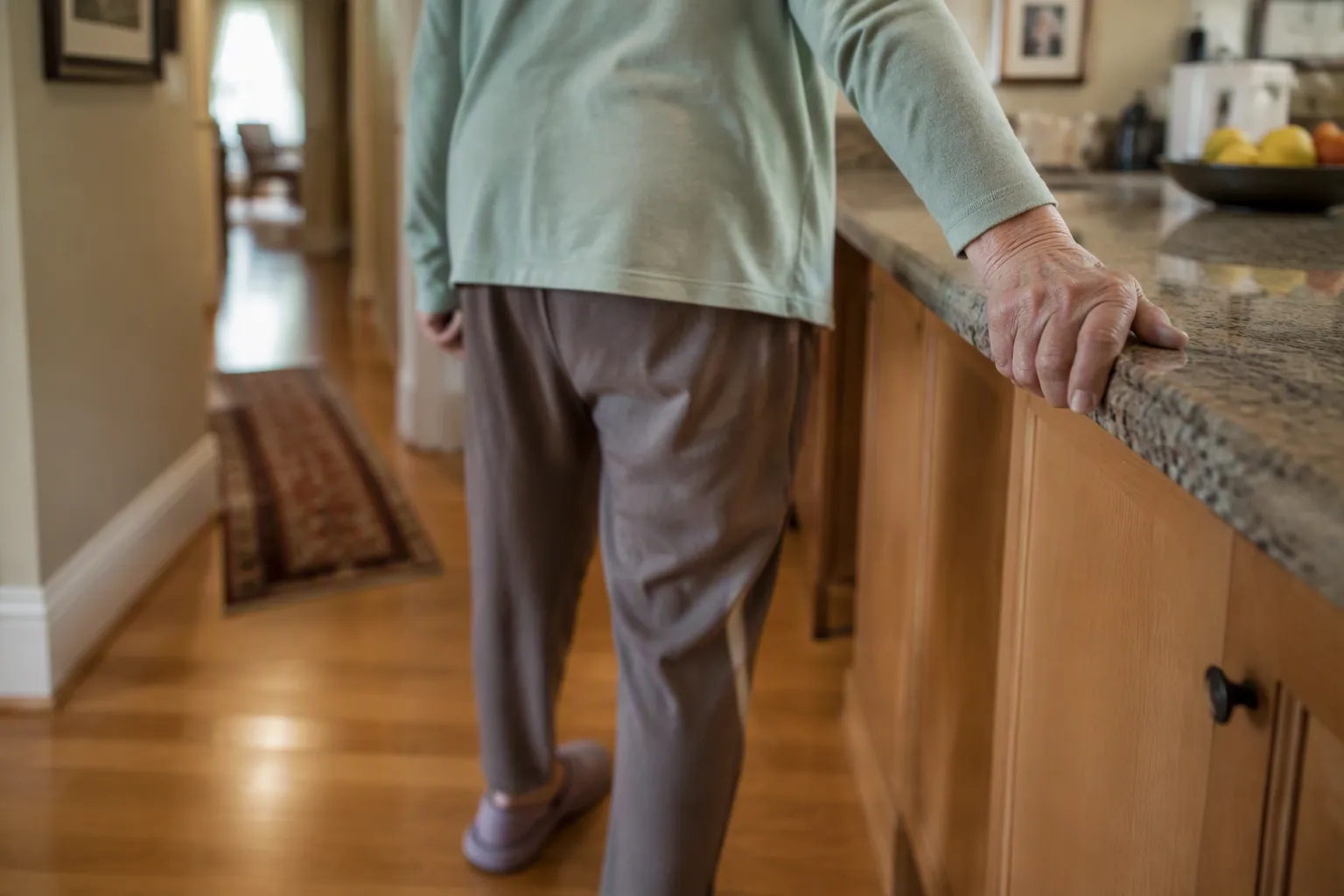 Older adult holding a kitchen counter while walking cautiously through a home hallway