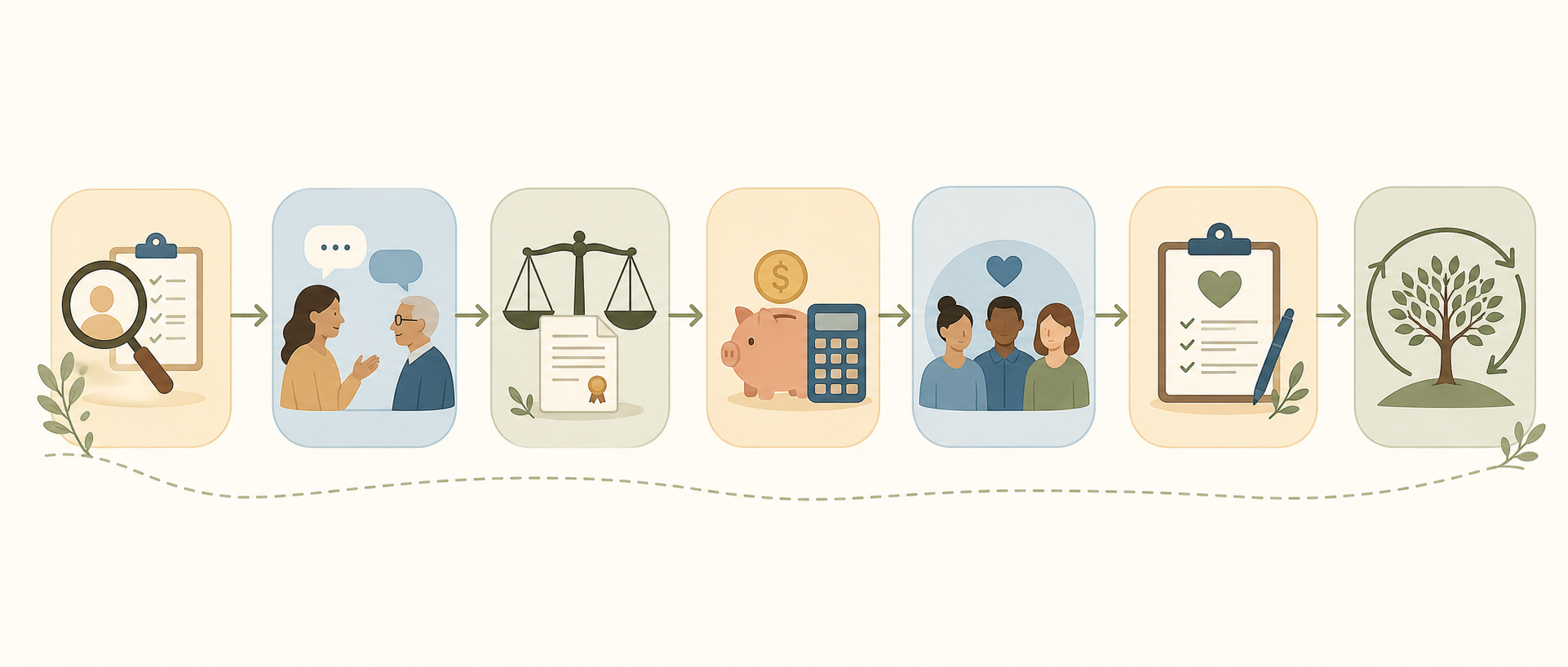 A horizontal flow diagram with seven icon-based domains connected by arrows: Observe, Converse, Legalize, Finance, Build a Team, Create a Care Plan, and Sustain.