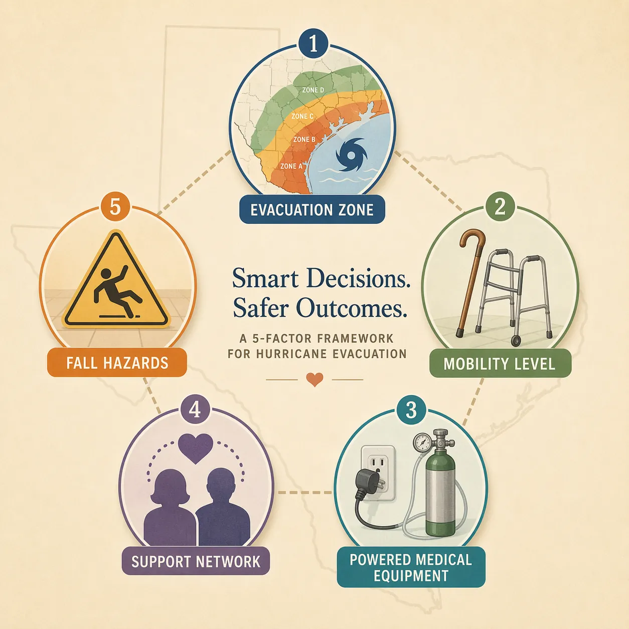 Five-part decision framework for senior hurricane evacuation: zone, mobility, medical equipment, support network, and fall hazards