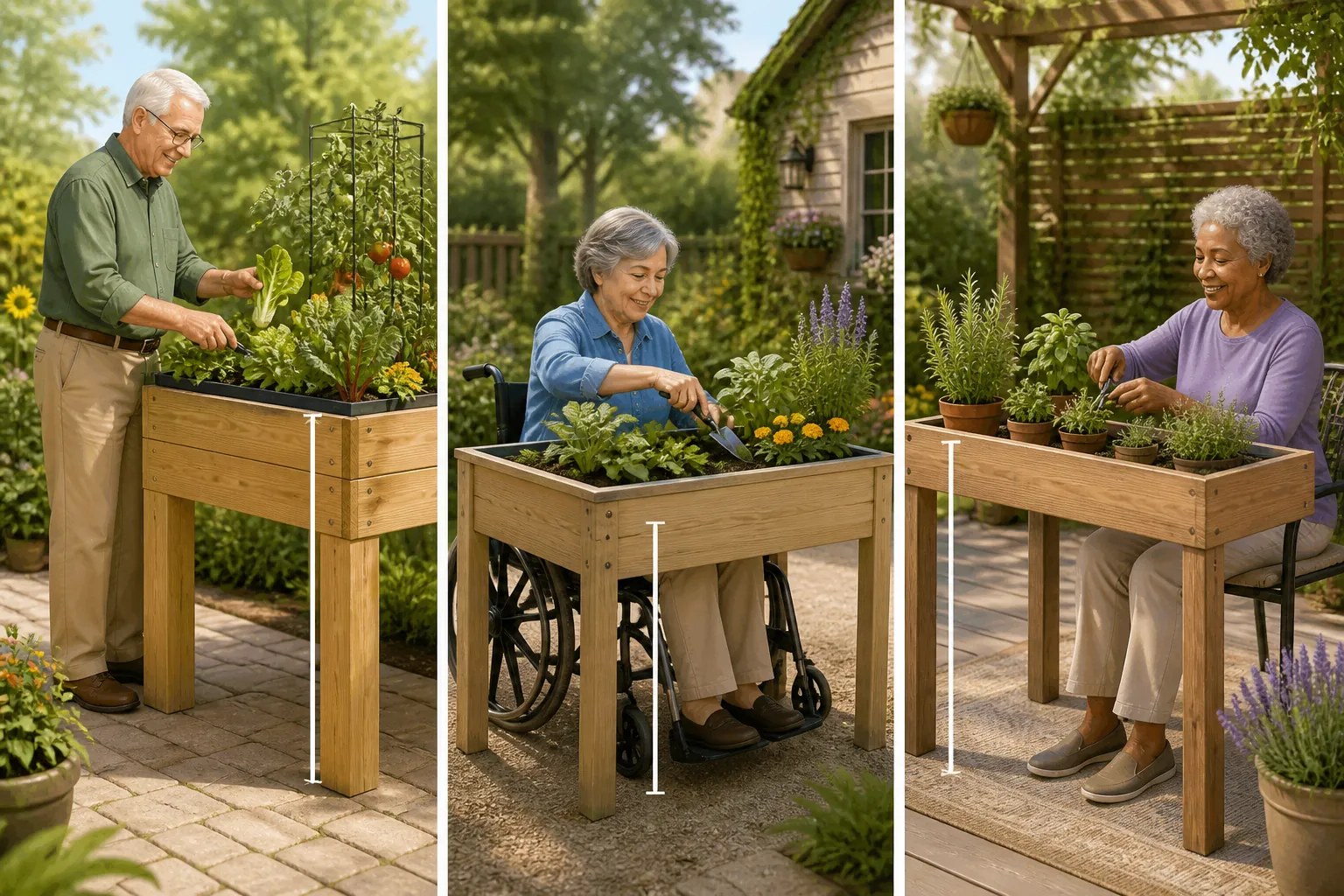 Three adaptive garden bed setups showing standing-height, wheelchair-accessible, and tabletop planting options