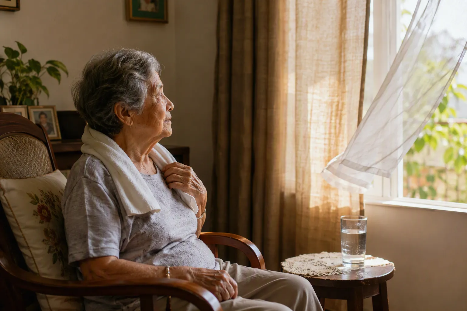 Older adult sitting in a living room with a damp towel, water nearby, shaded curtains, and an open window