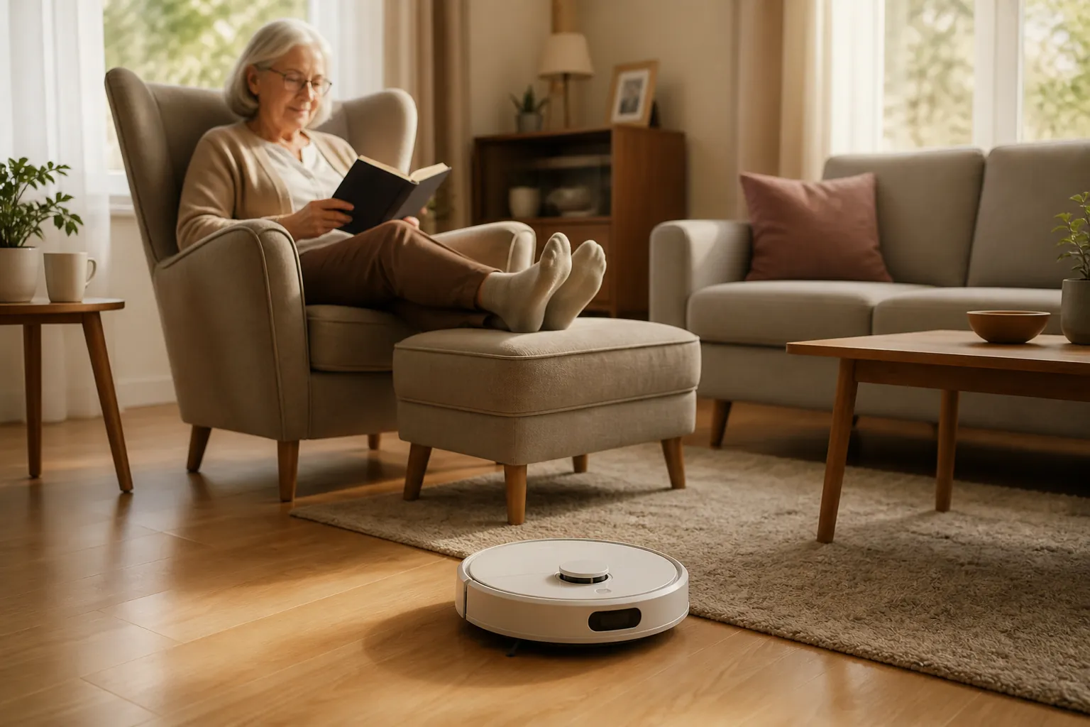 Elderly woman reading in a tidy living room while a robot vacuum cleans the hardwood floor