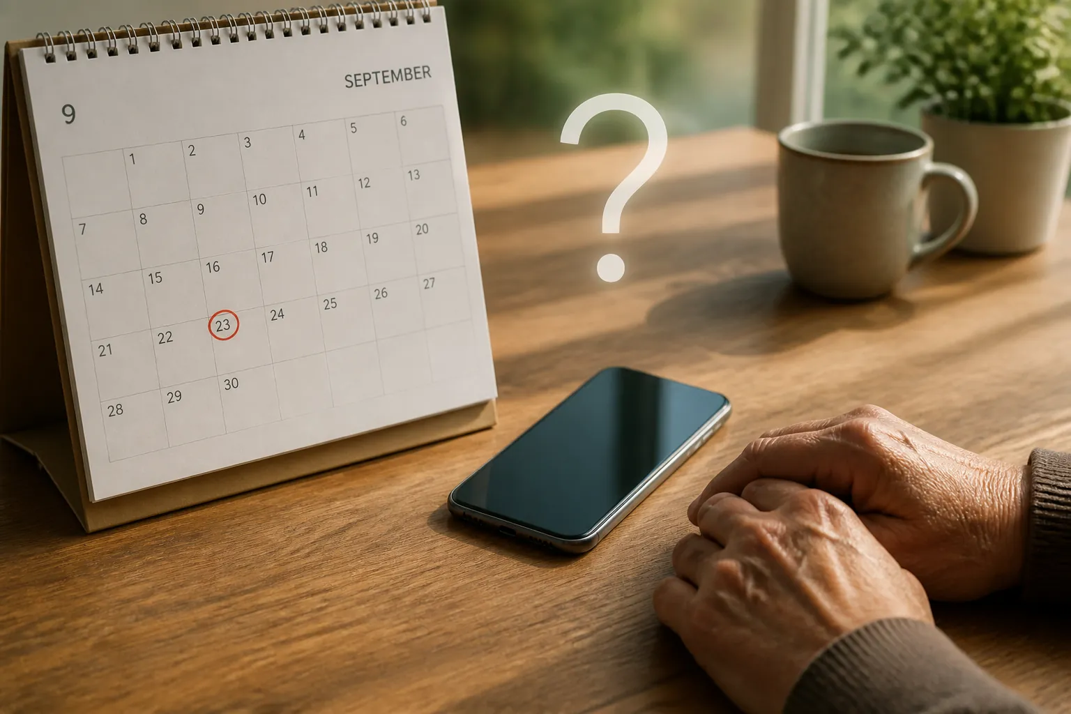 Smartphone beside a September calendar with a question mark, suggesting an unconfirmed launch date