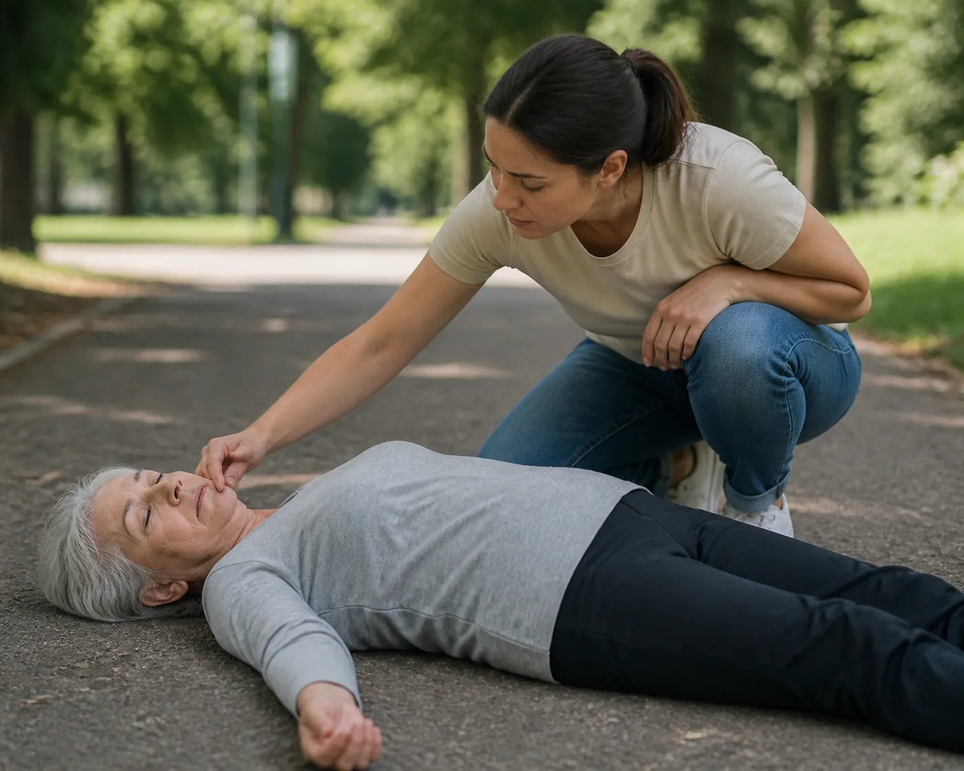 A caregiver kneeling beside an elderly person on a park path while checking for facial symmetry without moving them
