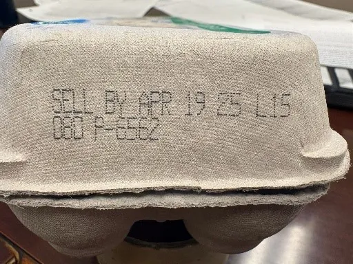 FDA photograph of a recalled egg carton label with packaging details to compare against a recall notice