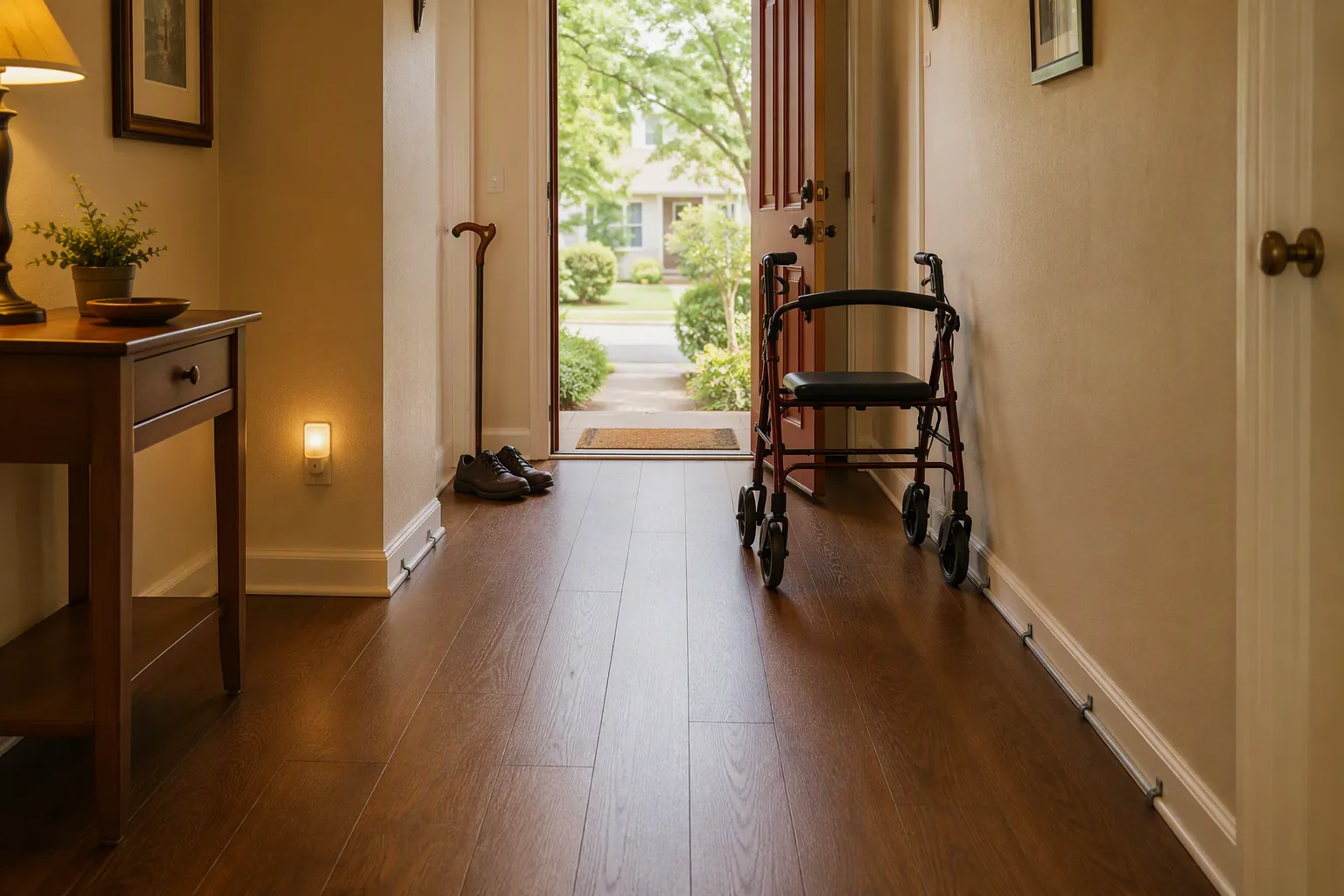 Clear senior home exit hallway with cane, sturdy shoes, walker, taped cords, and a nightlight