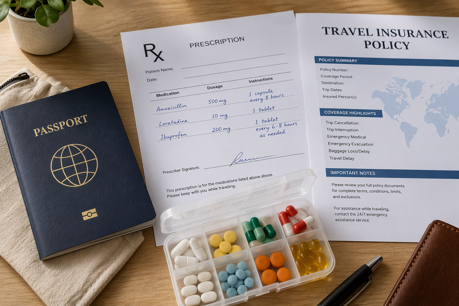 Passport, pill organizer, printed prescription document, and travel insurance policy arranged on a table