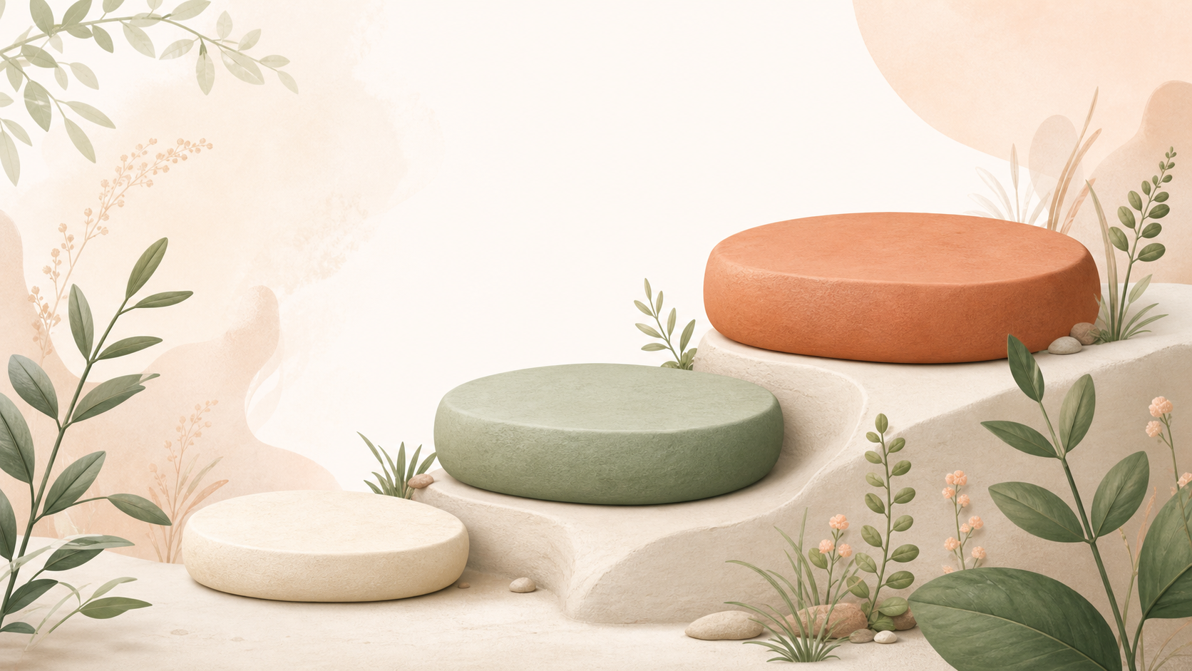 Three warm-colored stepping stones ascending gently upward, from a small cream stone to a larger sage green stone to the largest terracotta stone, with subtle plant-like shapes along the path.