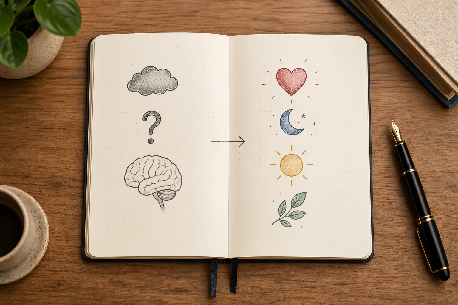 Medical notebook showing brain concern icons and treatable condition icons