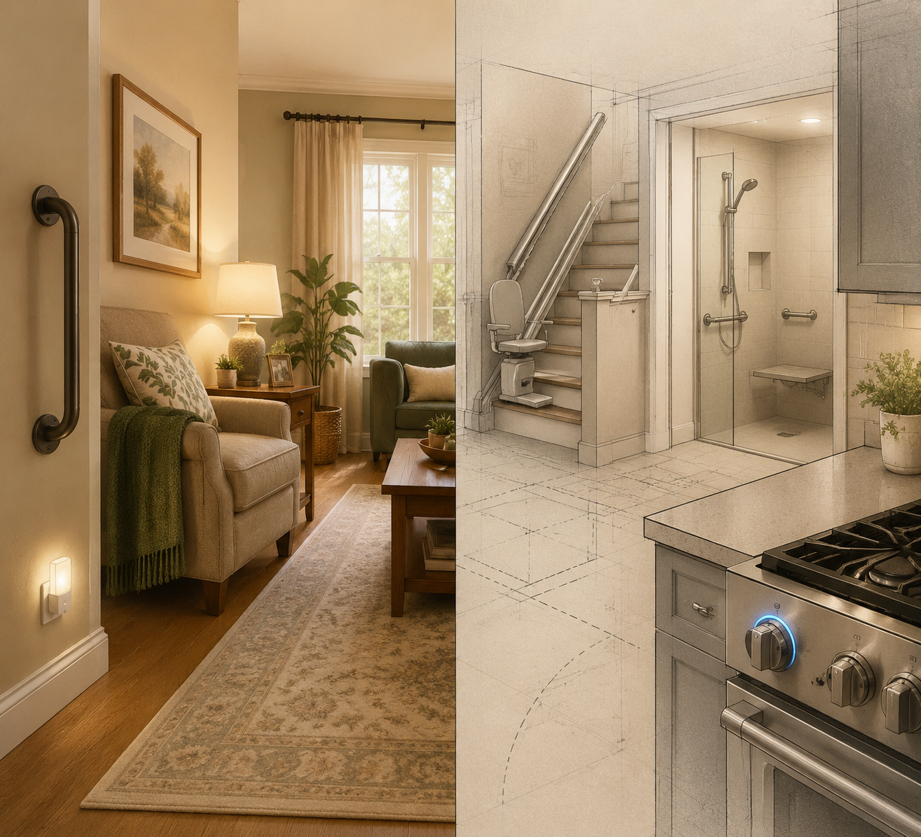 Split-screen home safety plan showing immediate changes and future modifications