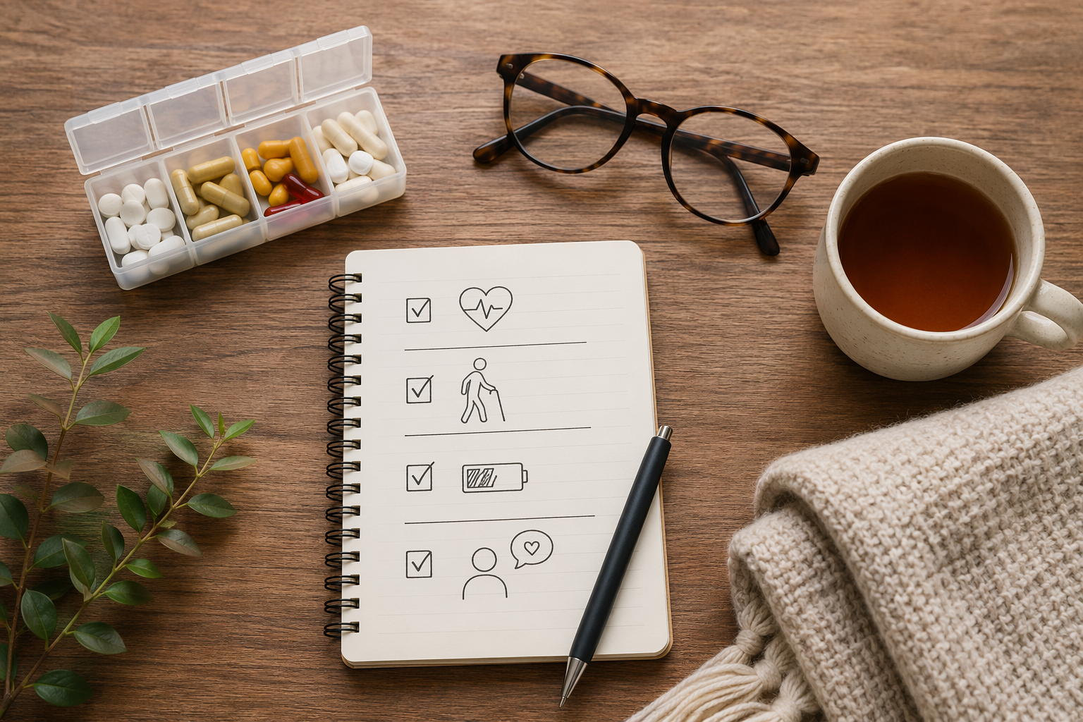 Checklist with health, mobility, energy, and preference icons beside a pill box and cup of tea