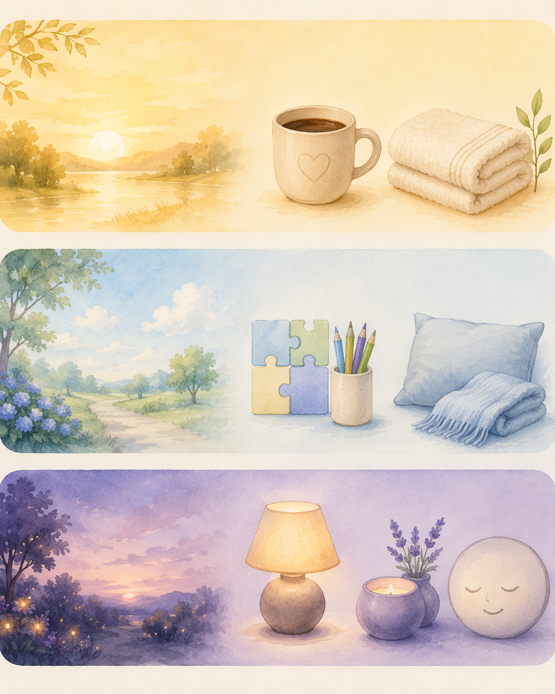 Illustration of morning, afternoon, and evening care rhythms with simple daily routine icons