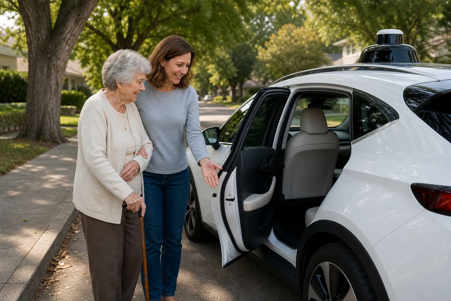 Adult daughter steadying her elderly mother as she prepares to enter a driverless car on a residential street