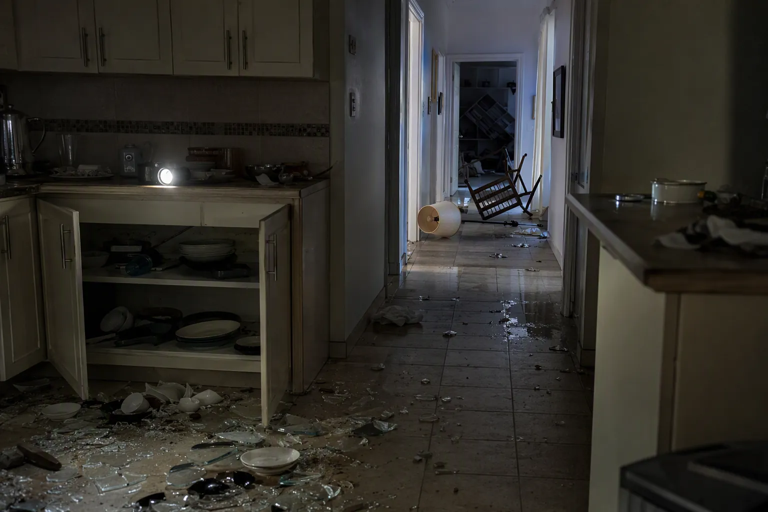 Dark post-earthquake kitchen and hallway with broken glass, fallen furniture, spilled water, and flashlight glow