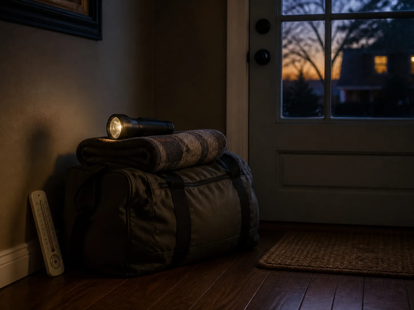 Packed duffel bag by the front door with a flashlight, folded blanket, and indoor thermometer during a possible long power outage