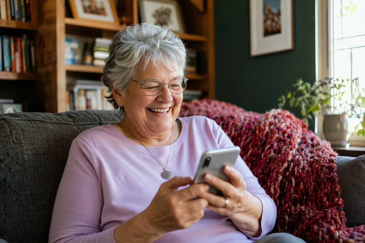 A 70-year-old woman laughing while looking at a smartphone on a cozy sofa