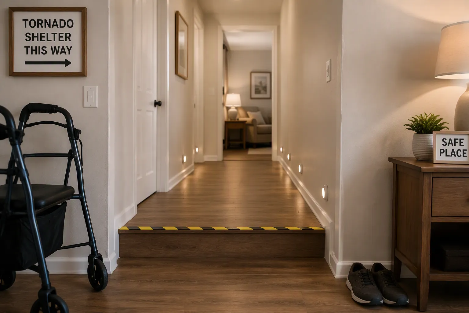 Clear hallway with nightlights, stair-edge tape, non-slip shoes, and a walker near an interior safe room