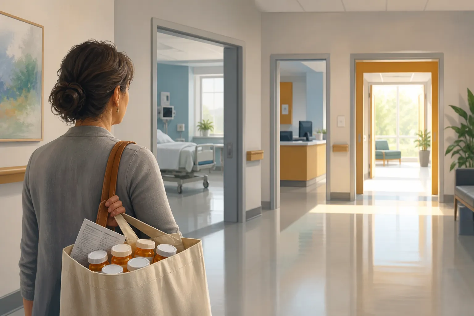 Caregiver in a hospital corridor holding pill bottles and a medication list while facing admission, transfer, and discharge handoffs
