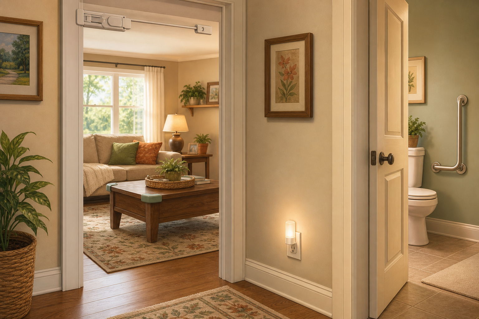 A dementia-adapted home hallway with a childproof door lock, nightlight, rubber edge guard on a coffee table, and a bathroom door ajar showing a grab bar.