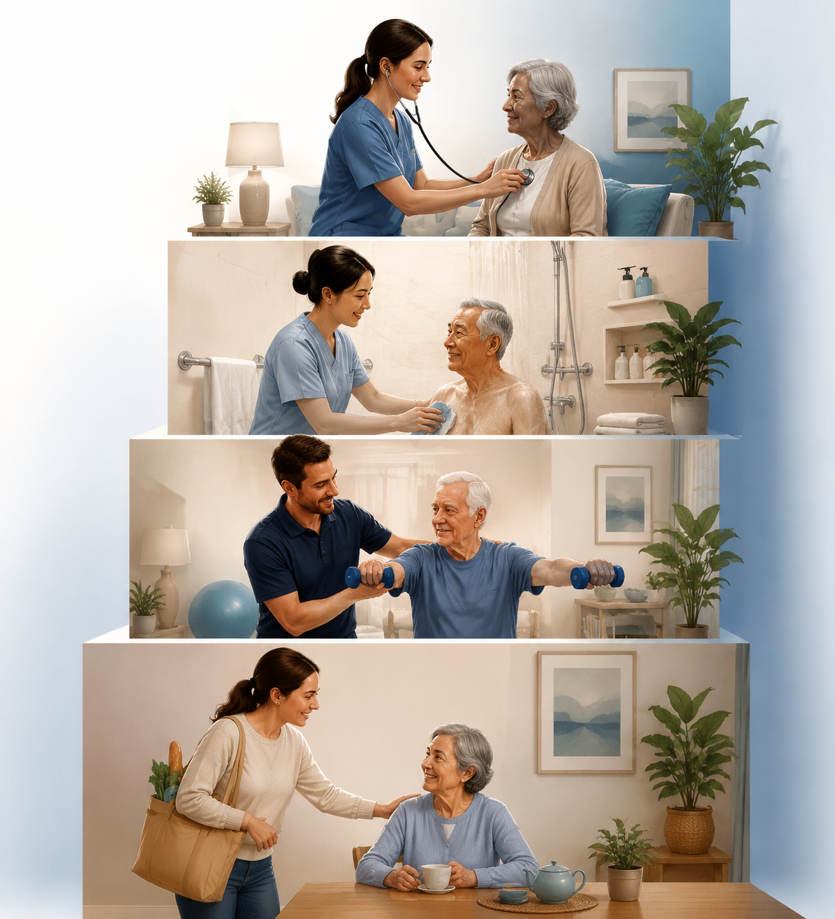 Ascending four-level illustration of in-home senior care from companion help to skilled nursing