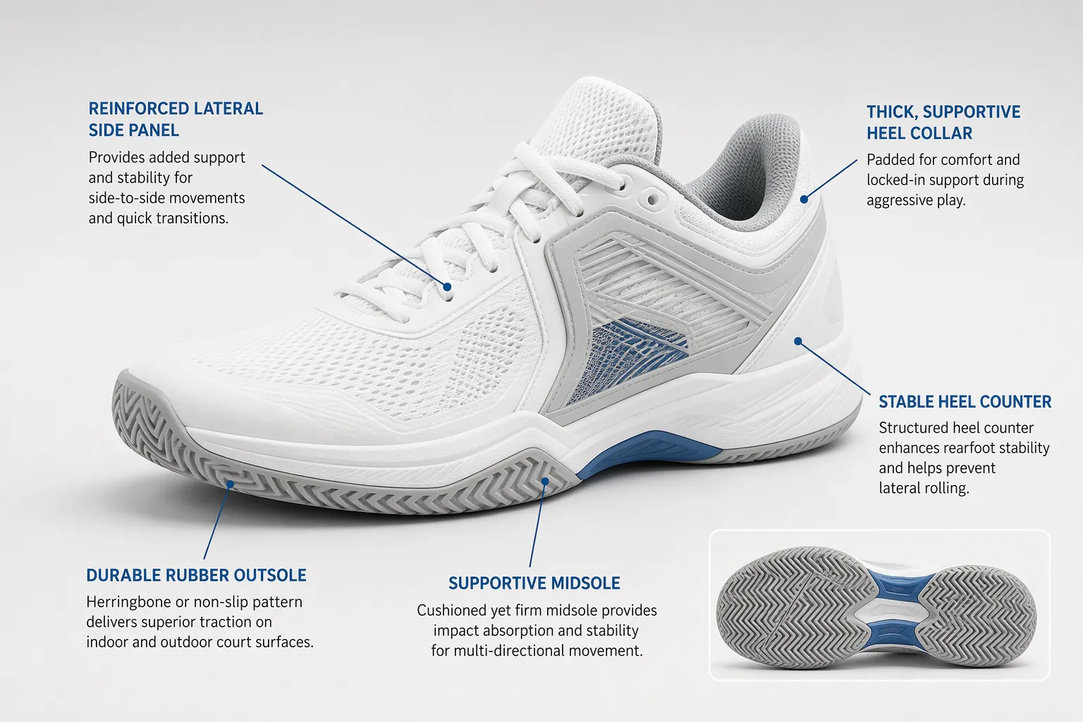 White court shoe with reinforced lateral support and non-slip outsole